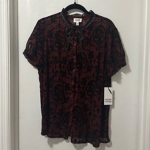 NWT 2X(18) Unique Vintage Sheer Burgundy Button Up Blouse